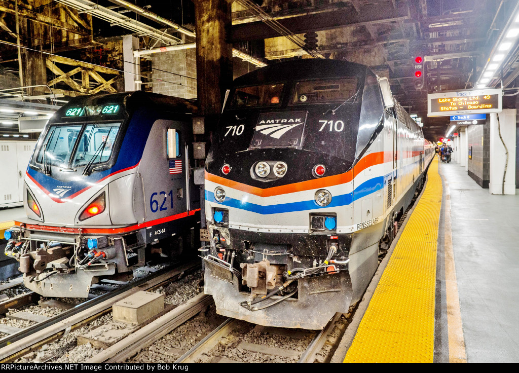 Amtk 710 leads the westbound New York section of the Lake Shore Limited; about to depart NYP